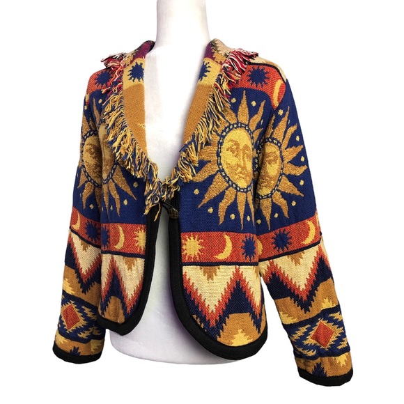 VTG Celestial Tapestry Jacket Blue Orange Sun Face Stars Moon Fringe Aztec - Picture 2 of 9